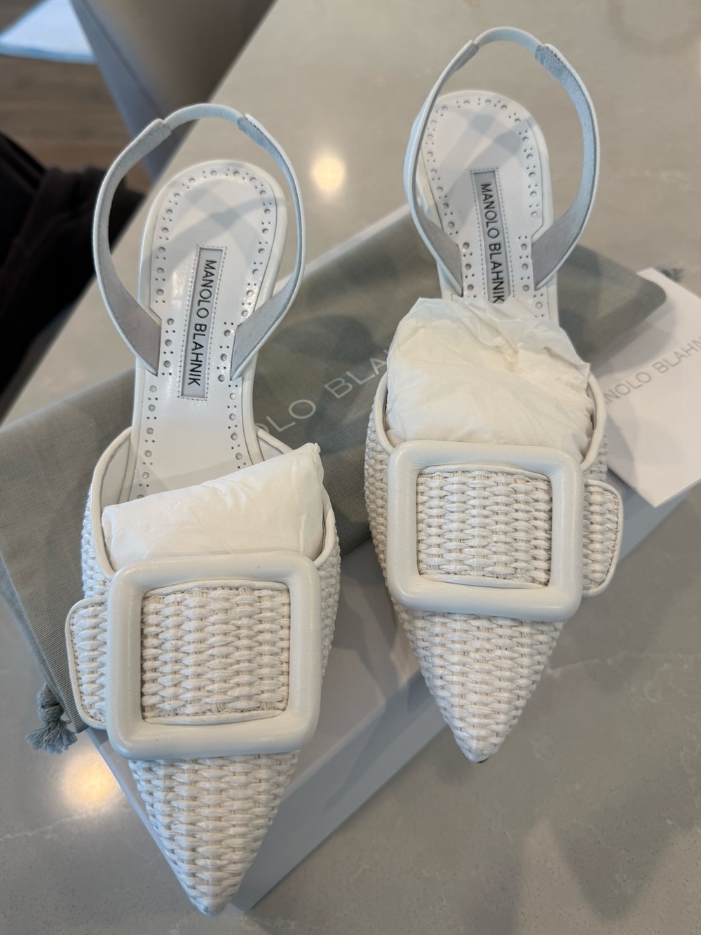 Manolo Blahnik Maysli White Woven Pointed Buckle Slingback Pumps
